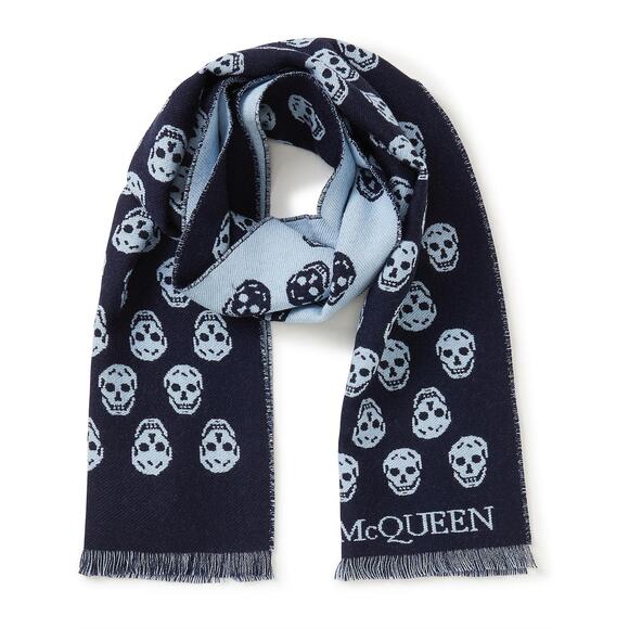 NWT Alexander McQueen Reversible Skull Wool Biker scarf Navy Blue - Picture 2 of 8